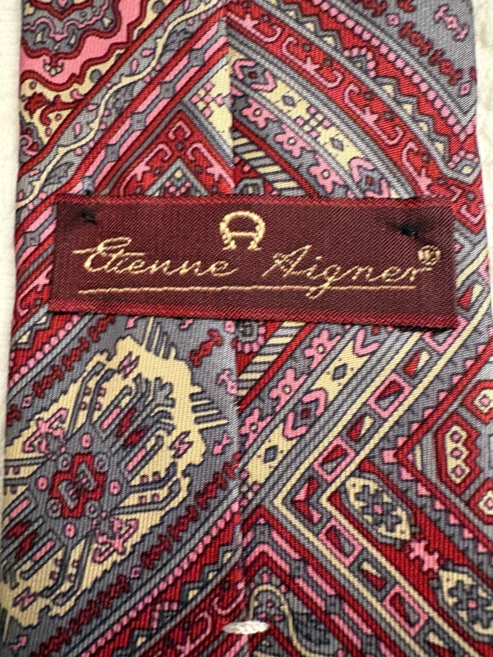VTG Etienne Aigner Silk Tie Geometric Medallion Paisley Red Pink Blue